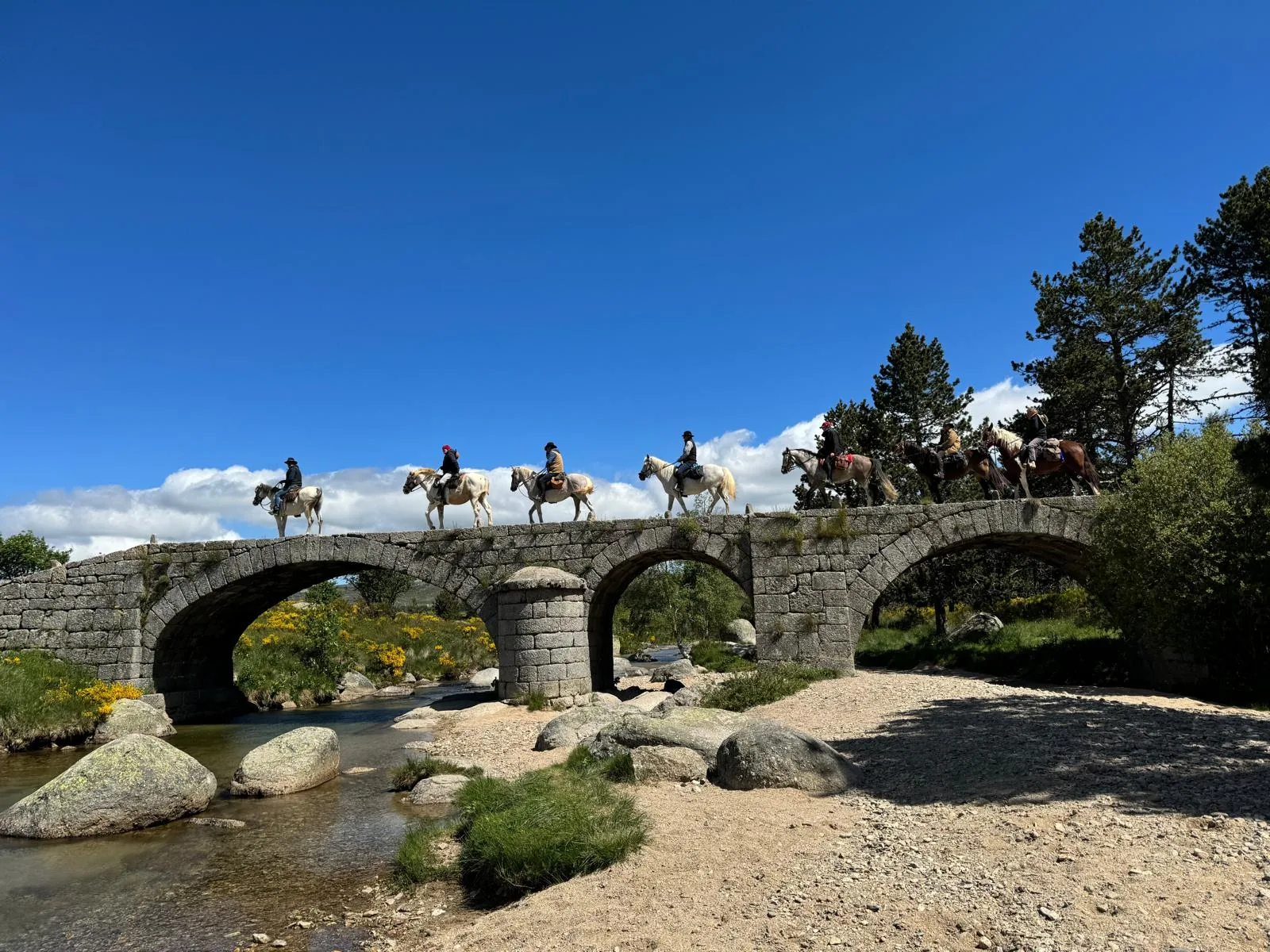 Un groupe de cavaliers sur un pont de pierre au-dessus de la rivière