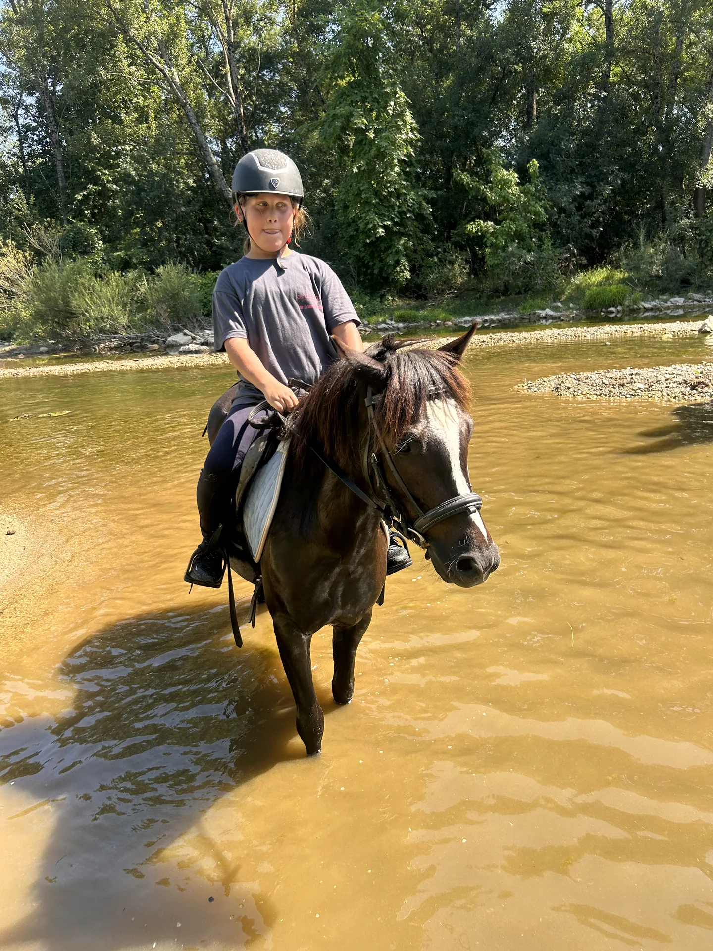 Un cavalier et son cheval dans la rivière