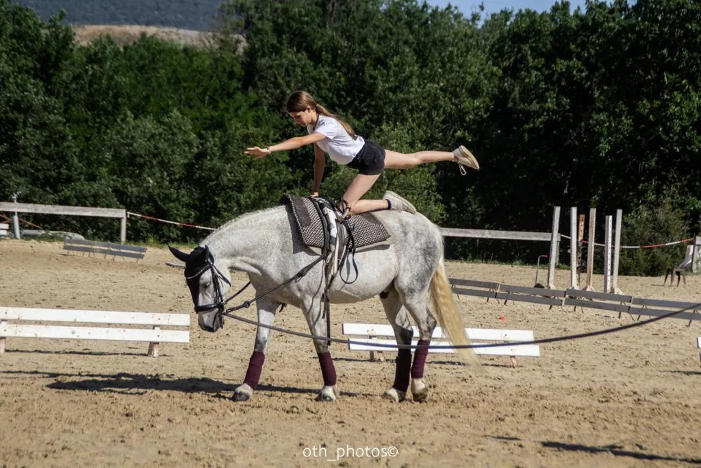 Une jeune cavalière travaillant son équilibre sur un cheval gris tenu en longe
