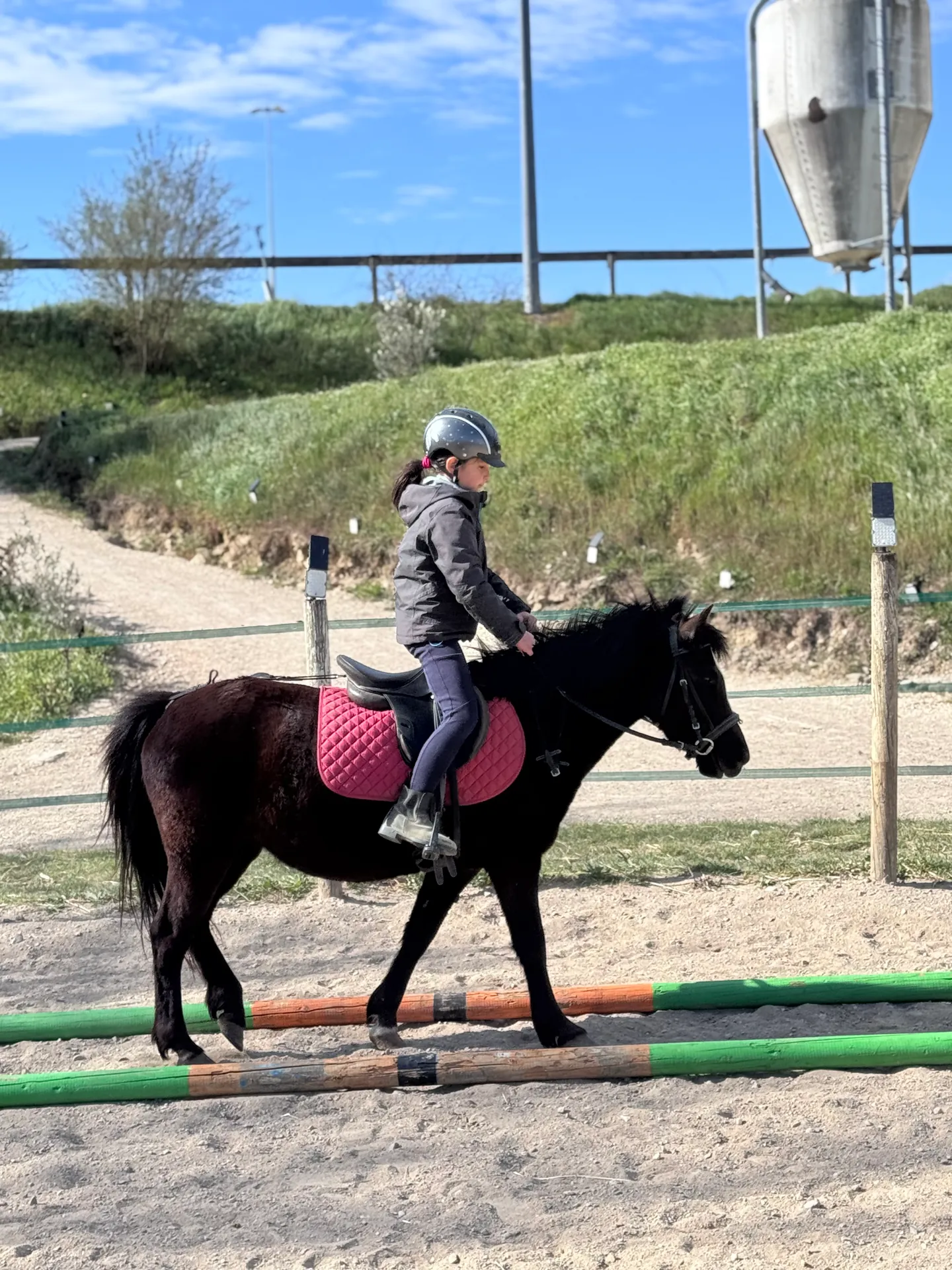 Une jeune cavalière sur un poney noir et blanc franchissant une barre au sol