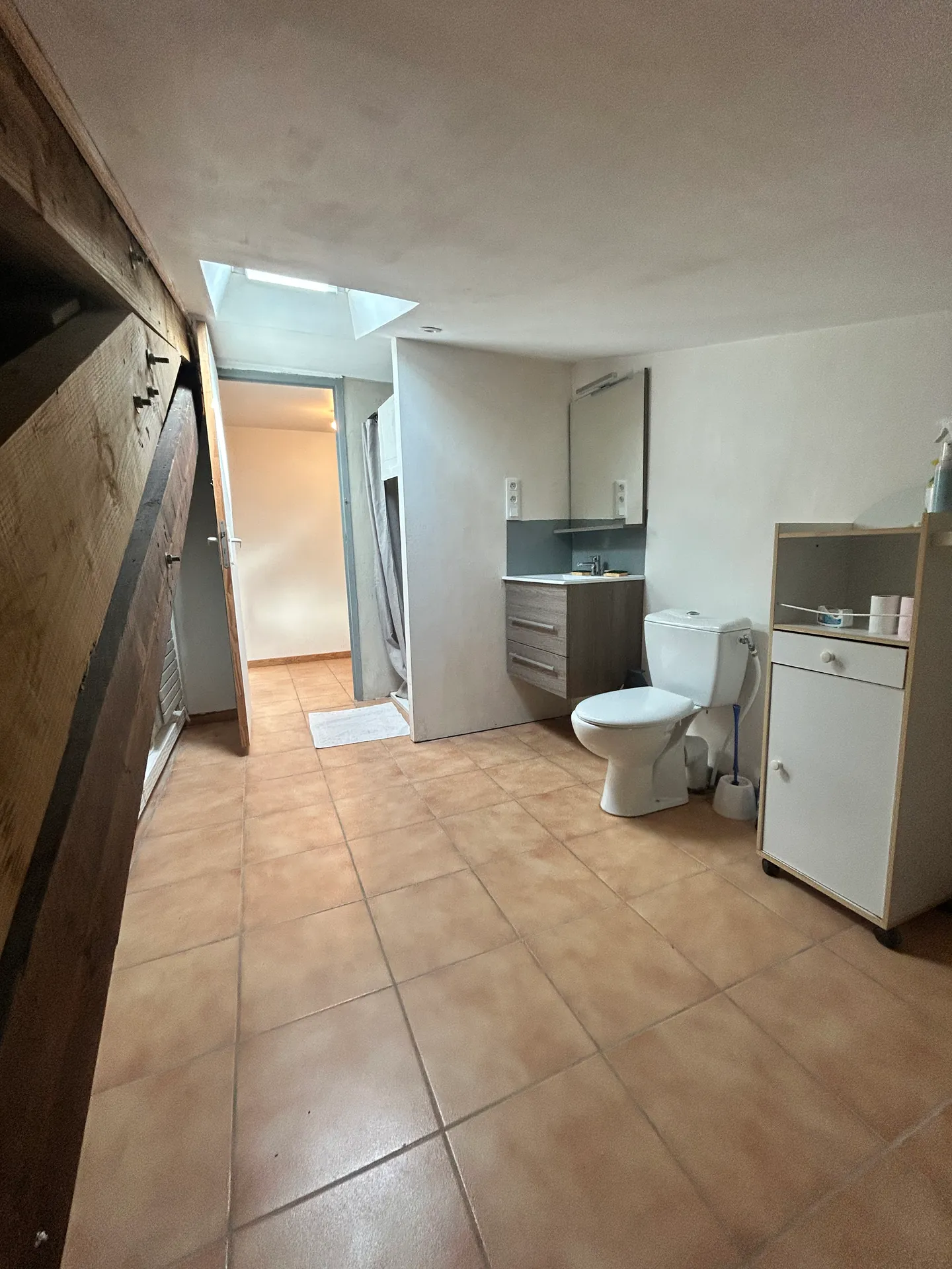 La salle de bain du gîte avec un lavabo, des toilettes et l’accès à la douche