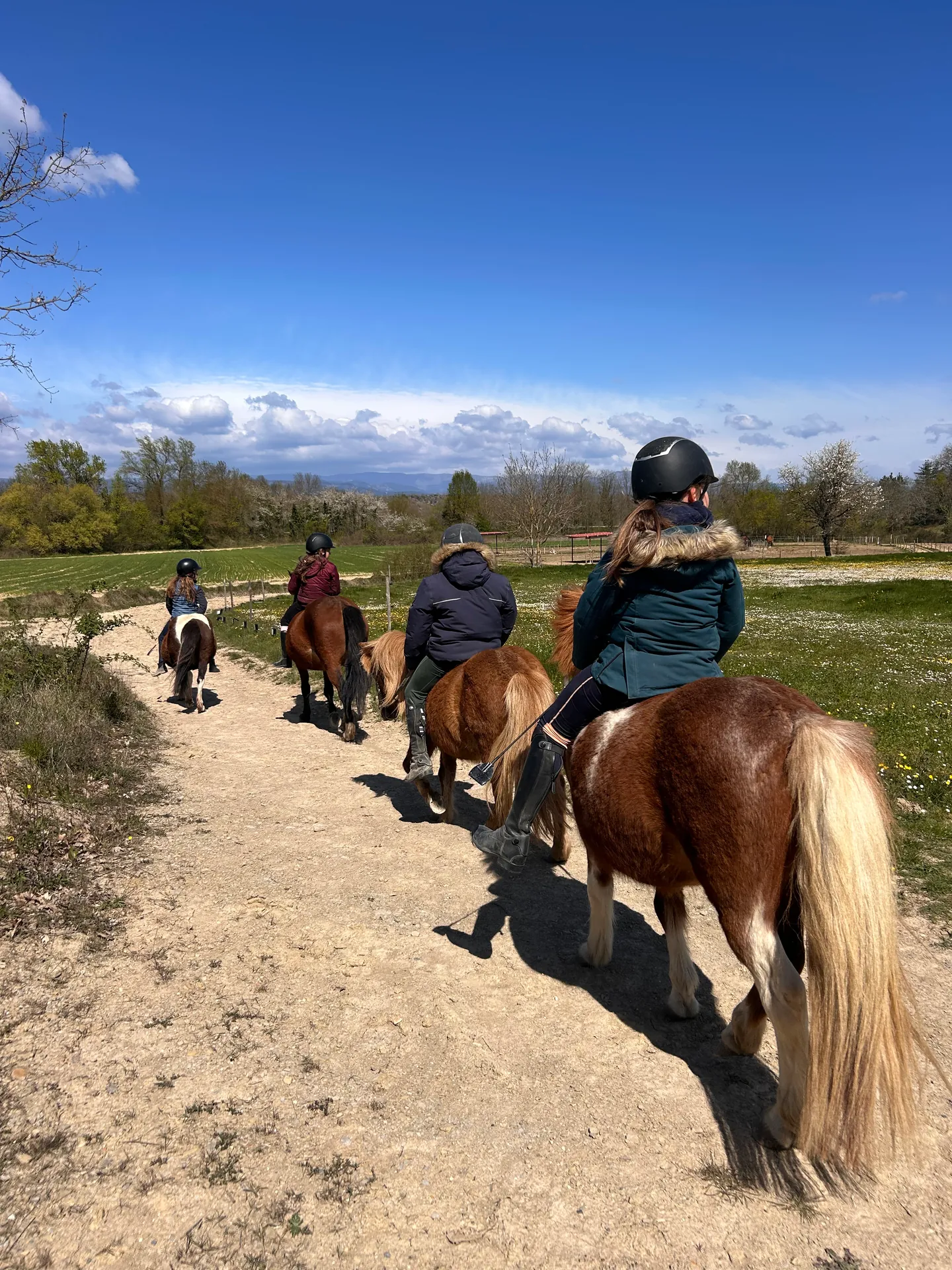 Des enfants à poney avançant à la file sur un chemin ensoleillé