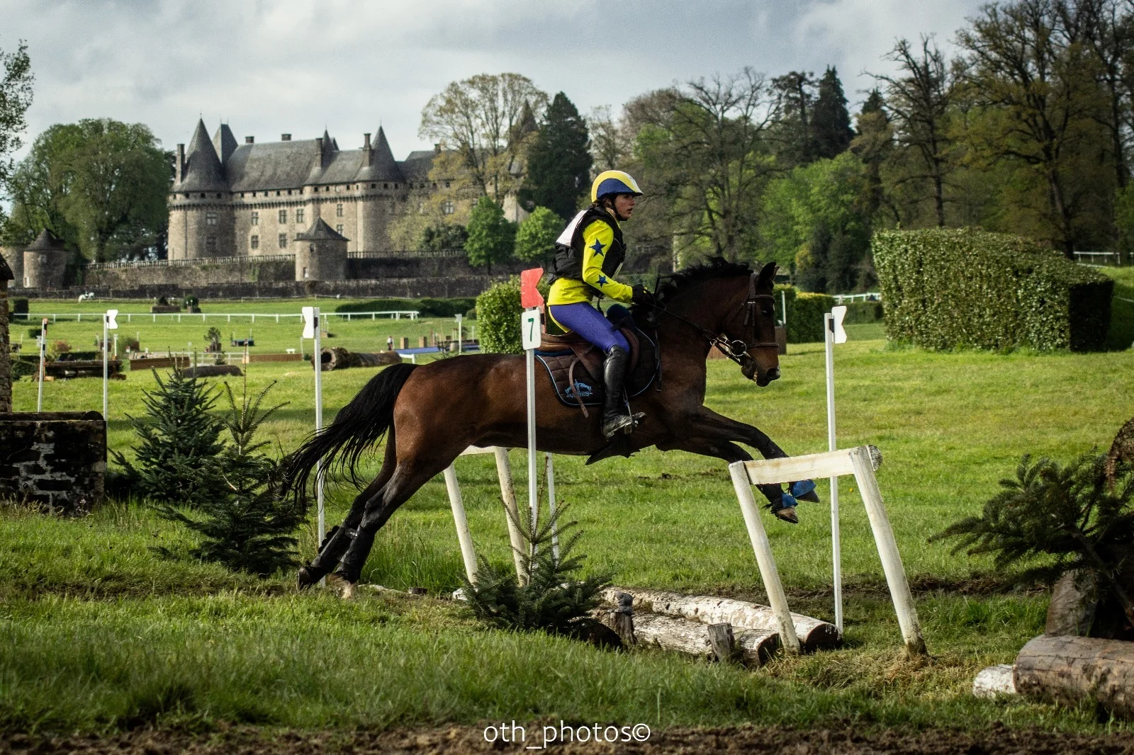 Une cavalière et son cheval bai franchissant un obstacle de cross devant un château